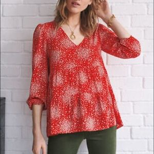 BODEN Willow Red & White Tiered High Low 3/4 Sleeve Blouse US Sz 8 M UK Sz 12